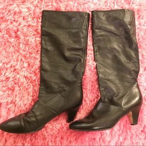 Black Leather Long Boots with Heels Narrow Petite